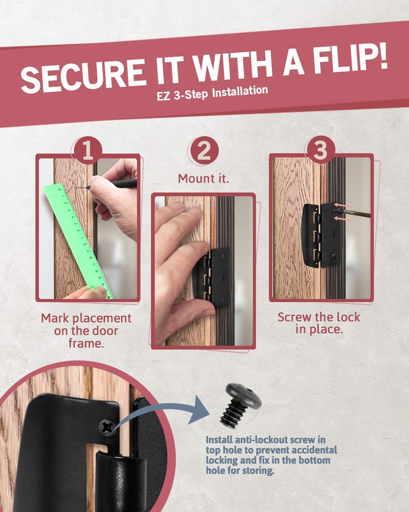 JD Jack N'Drill Jack Nâ€™ Drill Flip Action Door Lock (6 Pack)- Reversible Privacy Door Locks with Anti Lockout Screw for Child Proofing and Home Defense, Easy to Install and Durable Lock for Interior Swing-in Doors - Image 4